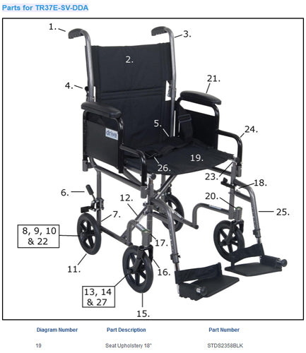Seat Upholstery only for Drive Transport Chair 18 x16  Black product image